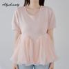 French Style Summer Women Ballet Top O Neck White Black Pink Mesh Patchwork T-Shirt Contrast Color Short Sleeve Feminine Tee