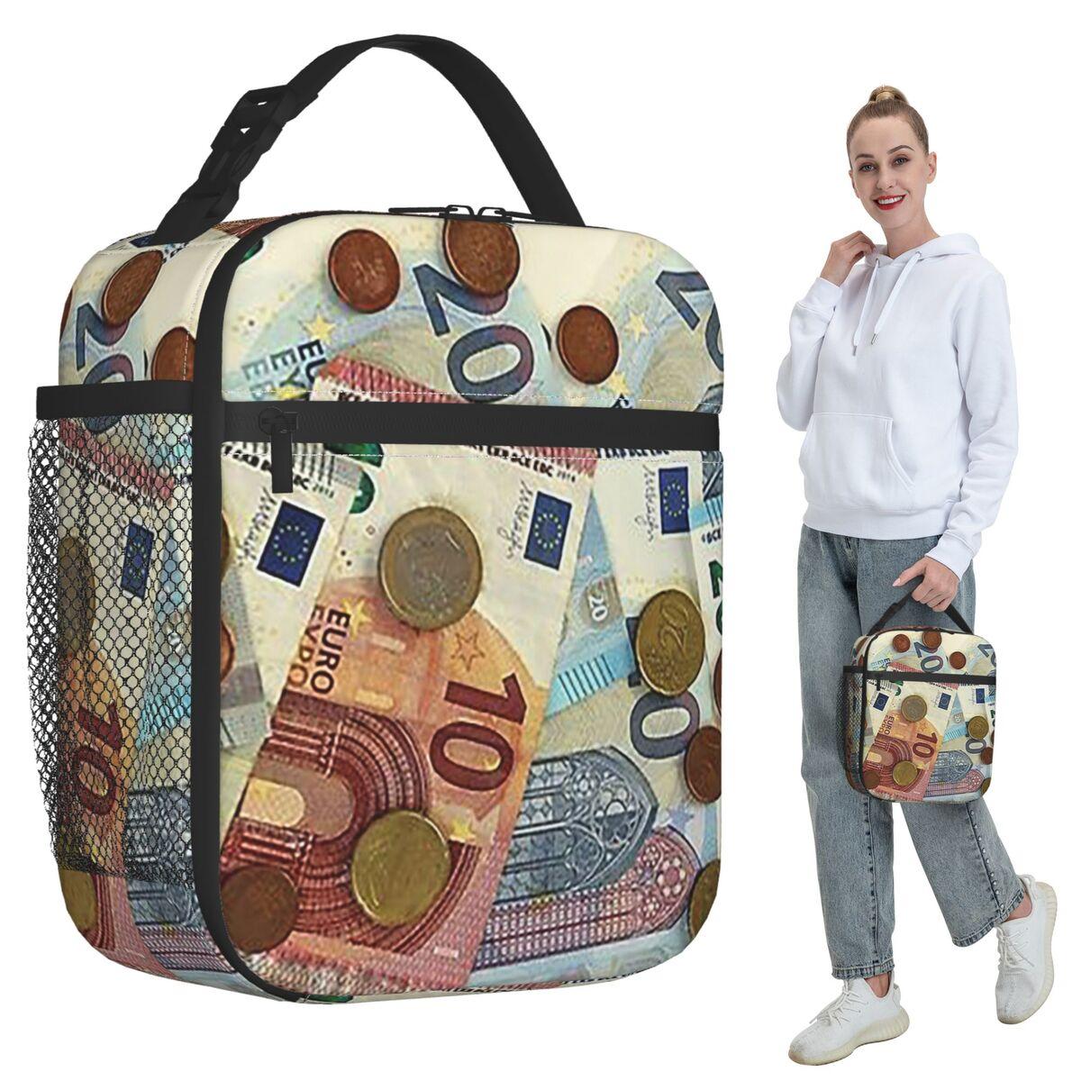 Euro Banknotes And Coins Insulated Lunch Bag for Women Office Cooler Thermal Food Box Tote Portable Lunch Boxes Container One Size