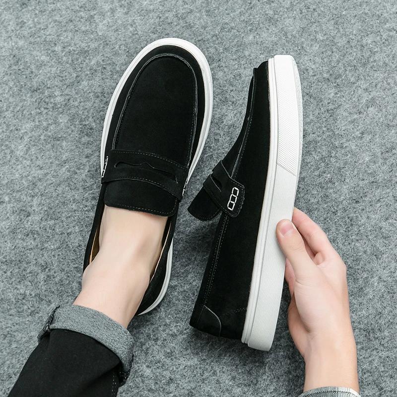 Fashion Trends Mens Black Loafers Shoes Suede Slip on Casual Dress Man Shoes Wedding Office White Soled Leather Shoes High-end