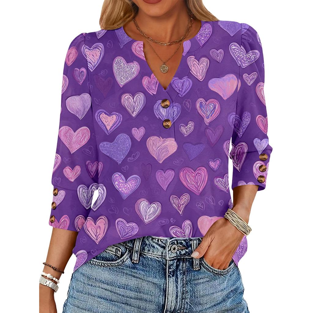 Women's Loose 7-inch Sleeve Top with Heart Print
