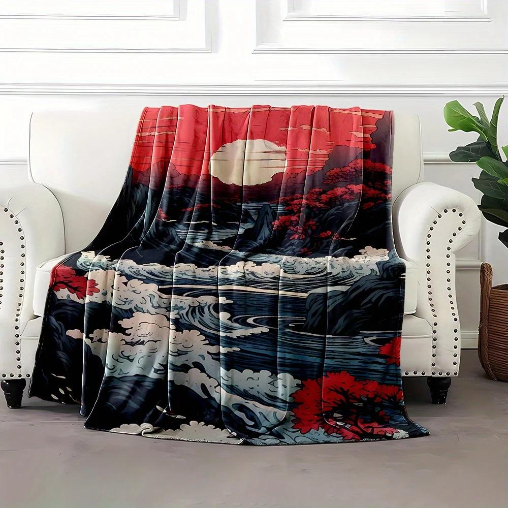 Japanese-Inspired Sun and Mountain Scenery Print Throw Blanket - Soft, Warm Flannel Fabric, Reversible, All-Season Comfort for