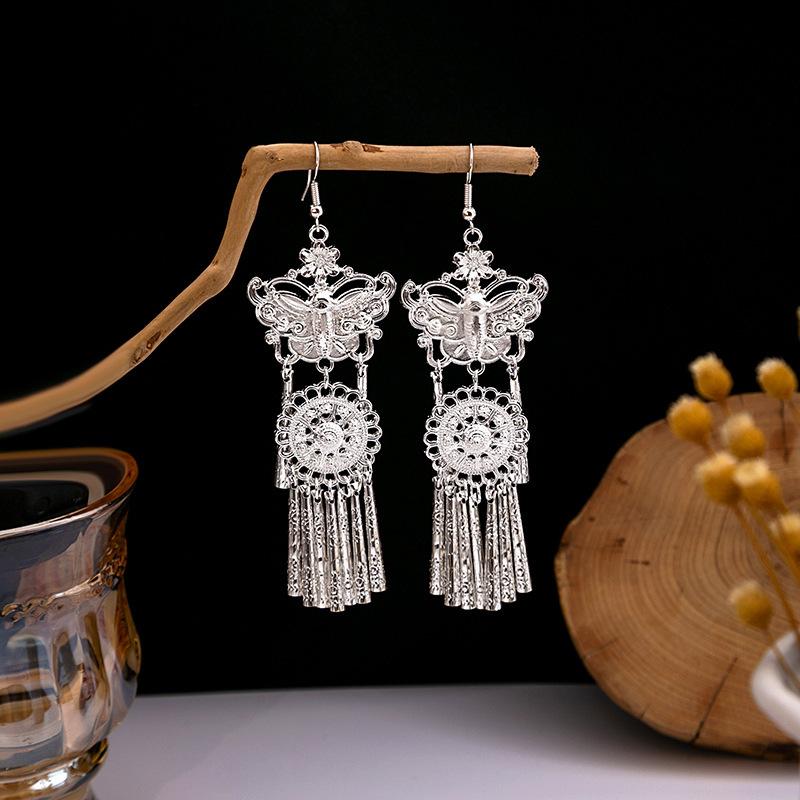Ethnic Style Imitation Miao Silver Earrings, Colorful Long Fringed Chain Earrings, Hot-selling Earrings In Scenic Spots, Qinghe Jewelry Batches