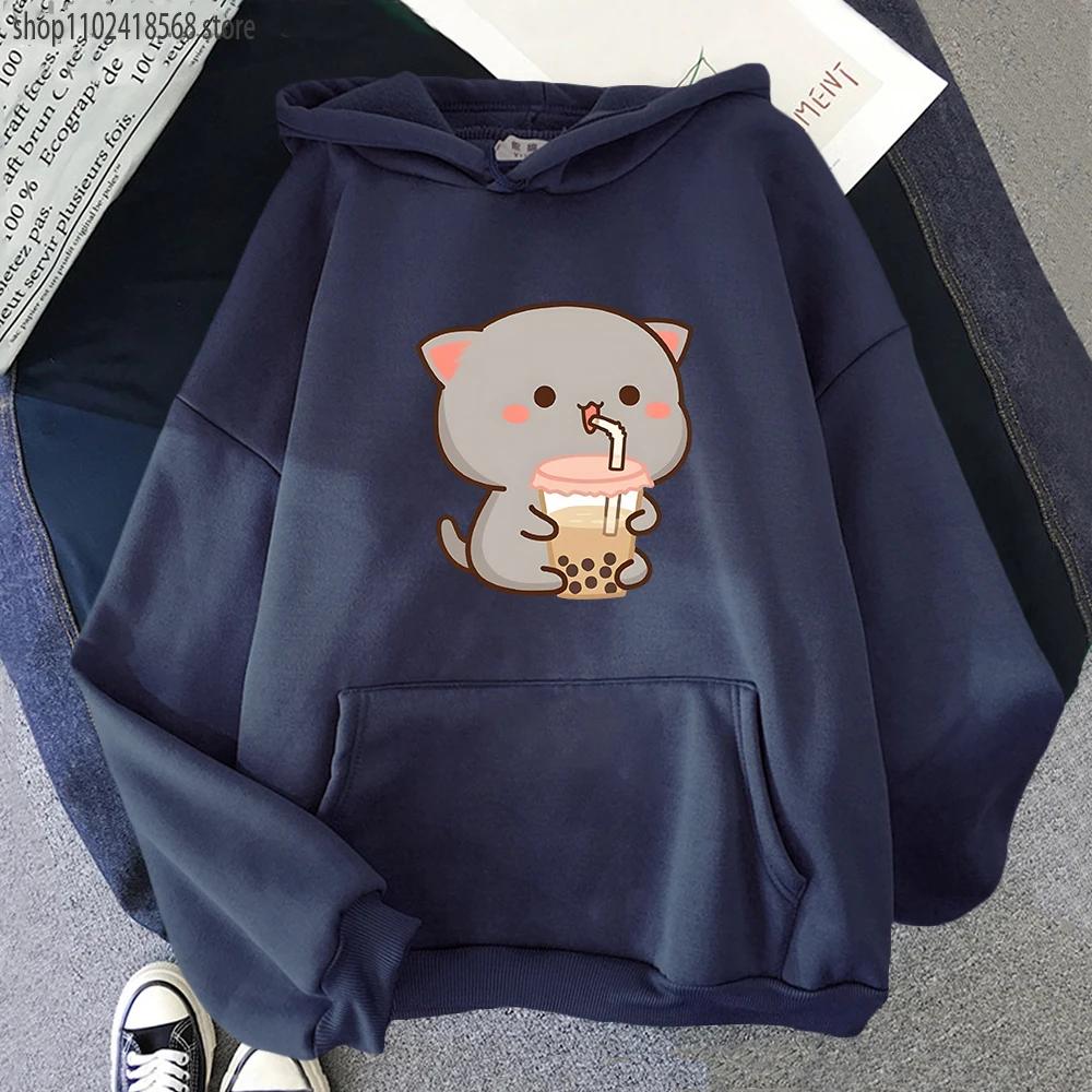 Peach Cat Love Boba Print Hoodies Bubble Tea Sweatshirt Girls Kawaii Cartoon Sudaderas Men's Tops Kawaii  Winter Clothes Women