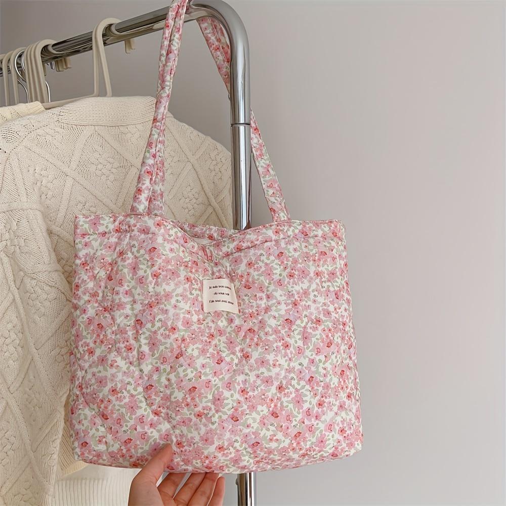 Large Capacity Floral Canvas Tote Bag Foldable Shoulder Bag with Fixed Straps, Canvas Lining, No-Closure Design, Machine Washable
