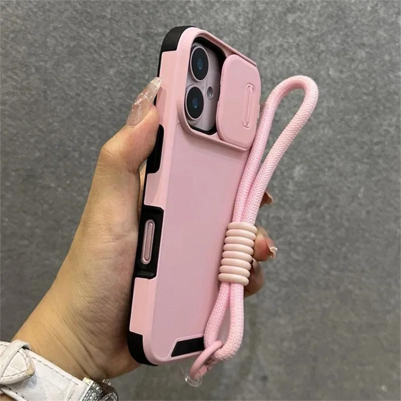 Pouzdro Armor s posuvným okénkem, ochranou, šňůrkou na zápěstí pro iPhone 17 Air 16 15 13 12 11 14 Pro Max, jednobarevný nárazník, kryt se šňůrkou