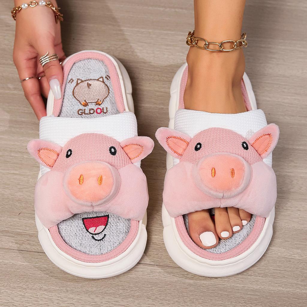 Pig cute linen slippers women's four seasons home indoor comfortable thick bottom spring and autumn cotton and linen sandals summer