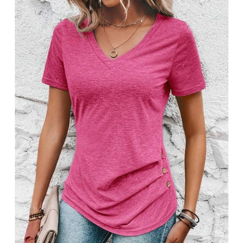 

Весенне-летние женские футболки премиум-класса облегающего кроя, однотонные, повседневные, с V-образным вырезом, с коротким рукавом и застежкой на пуговицы XL розы красного