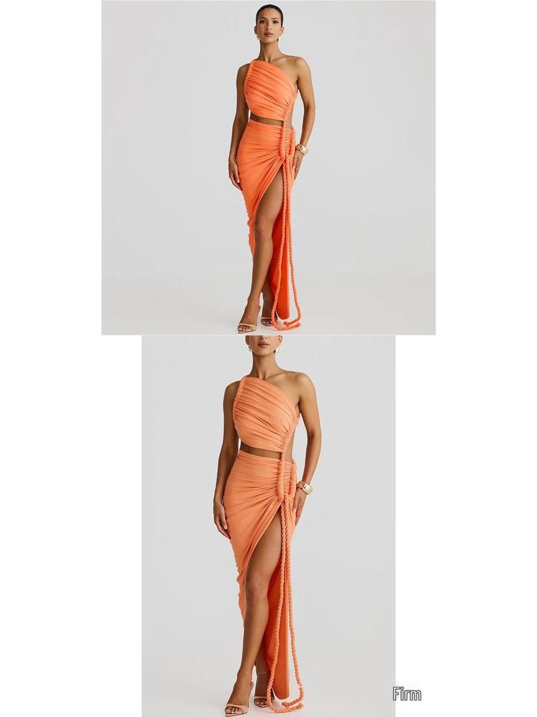 Women's One-Shoulder Ruffled Bandeau Dress: Sexy Summer Backless Split Long Dress