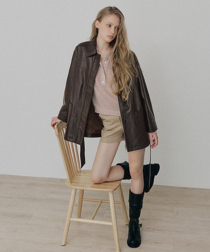 LEFTSEOUL Synthetic Leather Belted Half Jacket [Brown]