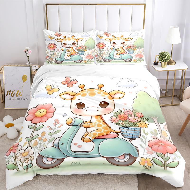 3pcs Cute Giraffe Riding a Bike Bedding Set - Includes Quilt Cover and Pillowcases, Suitable for All Seasons M043
