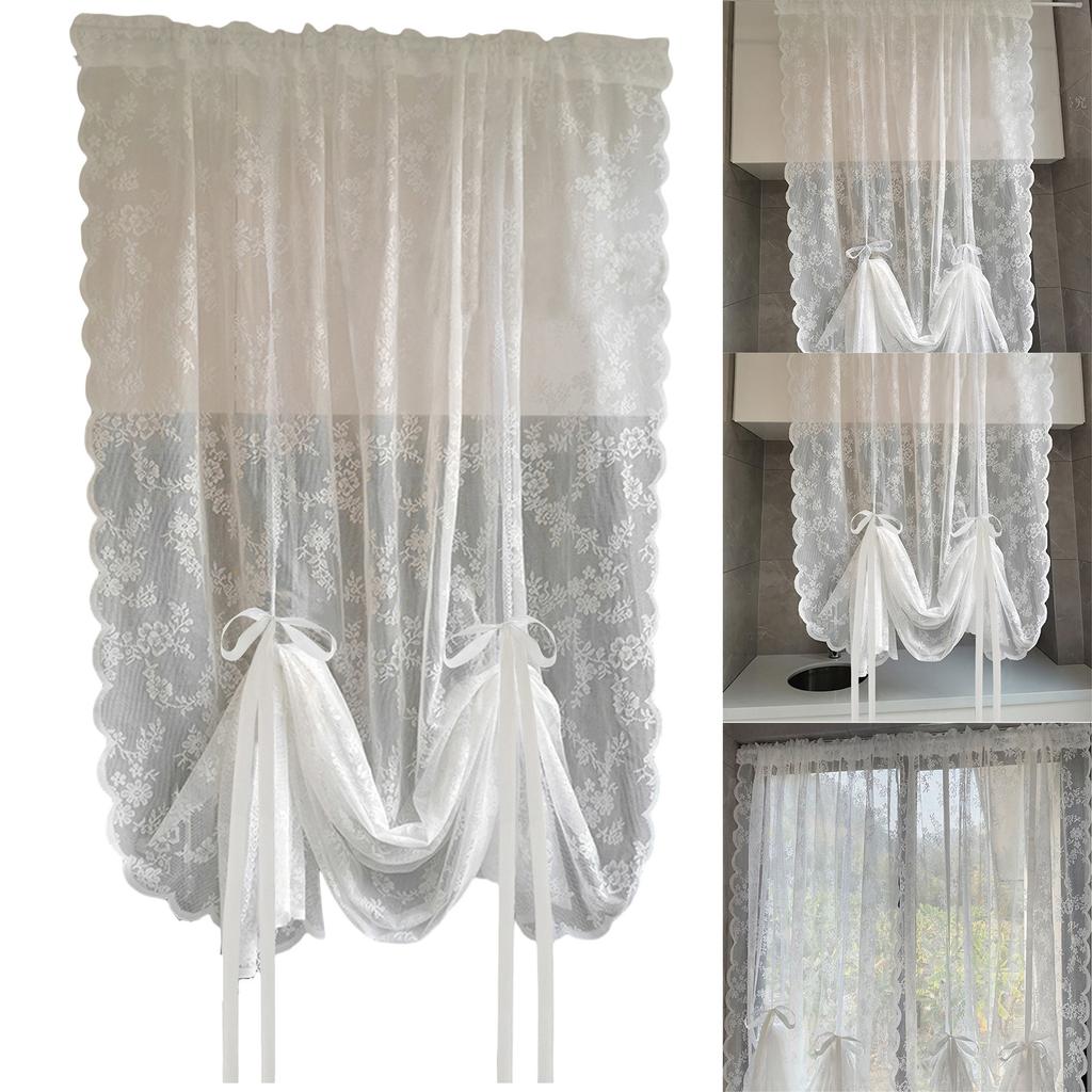 White Lace Embroidery Voile Curtains with Rod Pockets Pulling Curtain for Living Room Bedroom Kitchen 150cm