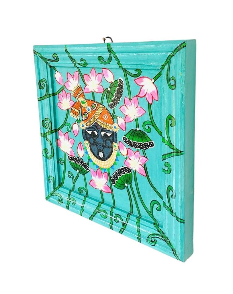 Hand-Painted Lord Shrinathji Wooden Frame: Traditional Indian Temple Decor
