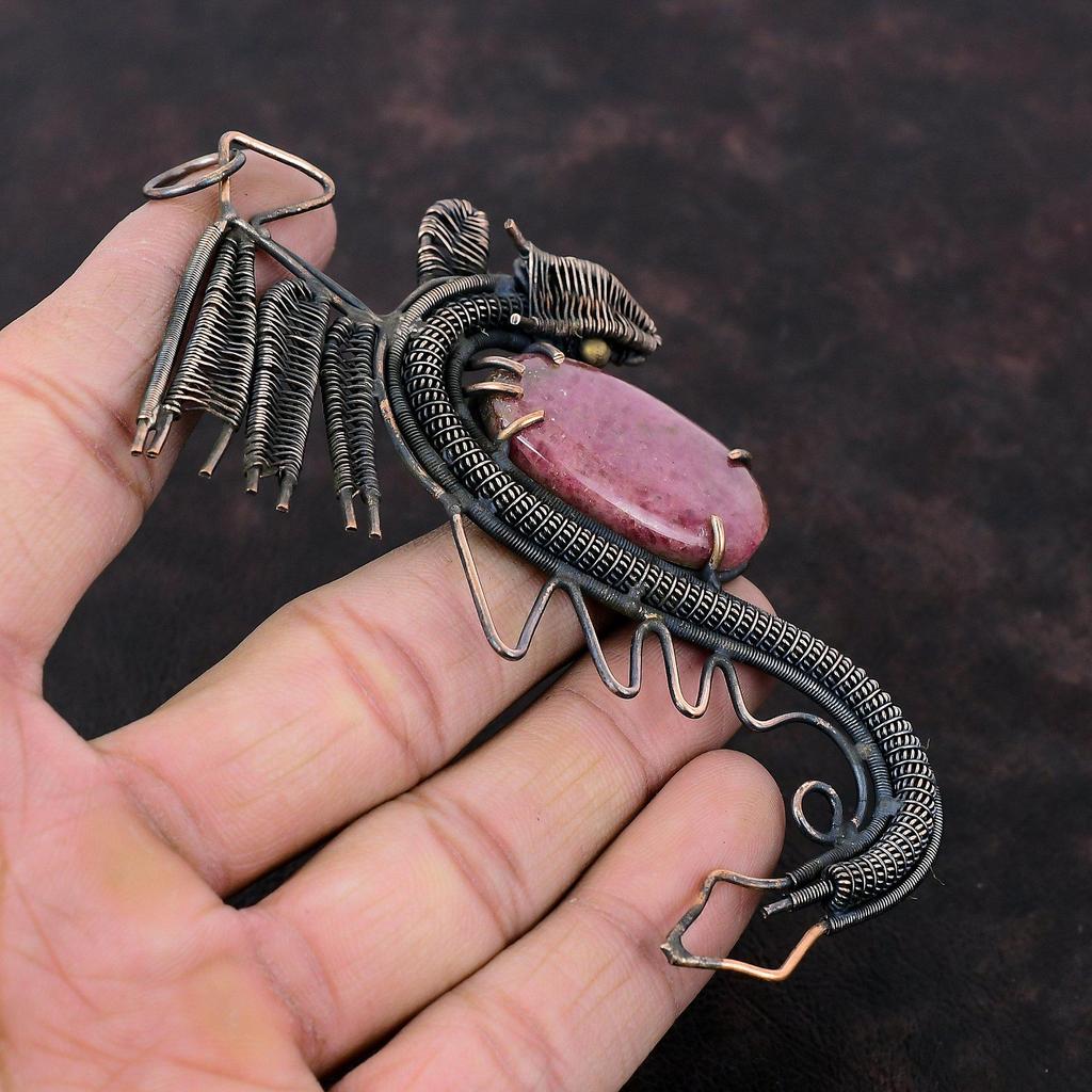 Rhodonite Pendant Copper Wire Wrapped Pendant Original Gemstone Jewelry Handmade Dragon Pendant Copper Wire Wrapped Jewelry Gift For Mother