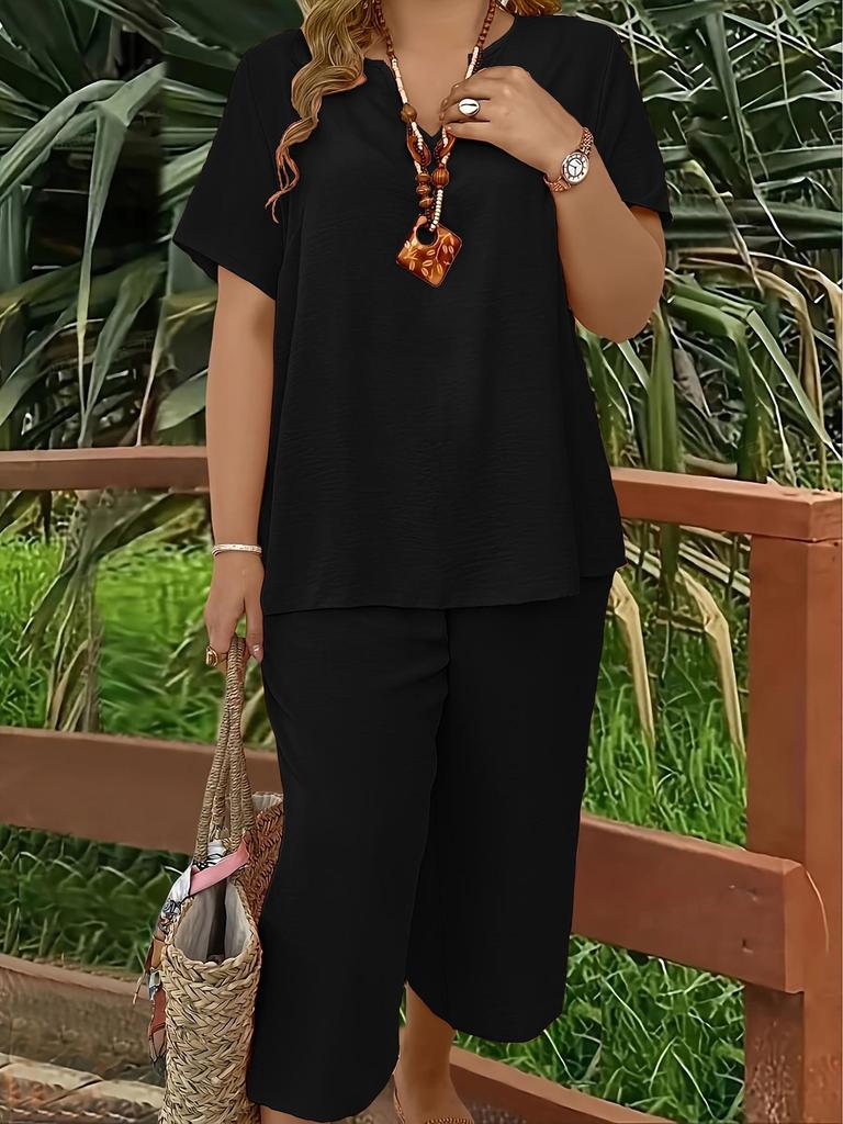 Women's Plus Size Elegant V-Neck Short Sleeve Top and Wide-Leg Pants Set - Solid Colors for Spring, Summer, and Autumn.