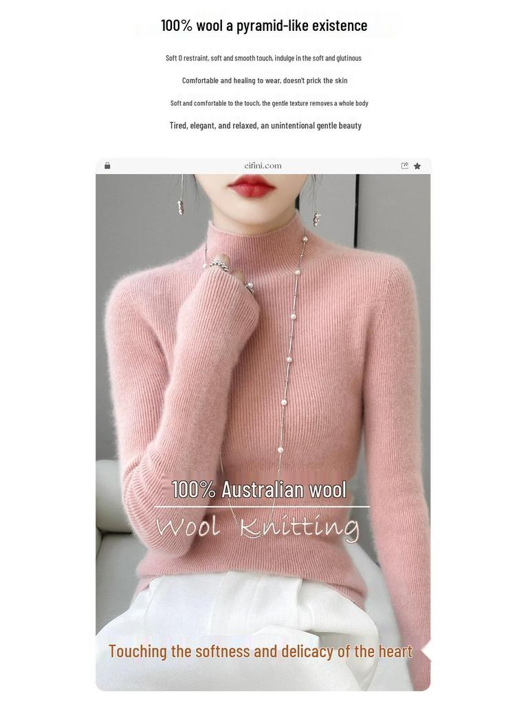 Women’s 2025 Autumn/Winter Pure Wool Sweater, Half-High Neck, Ribbed, Slim-Fit, Figure-Flattering with Cashmere Inner Layer