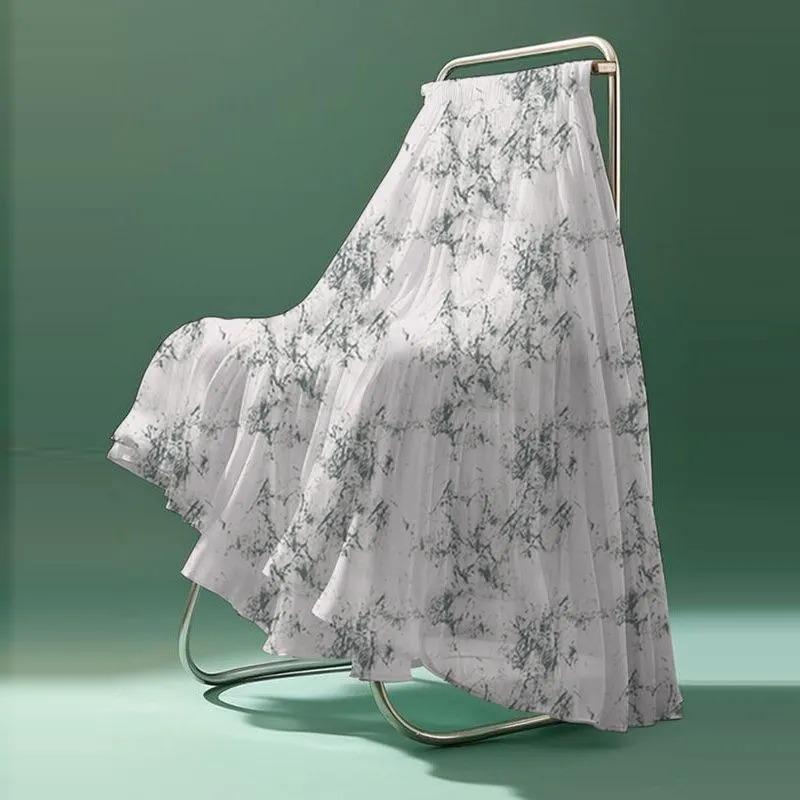 Summer Women s White Floral Chiffon Maxi Skirt Pleated High Waist A-Line Casual Skirt M серый