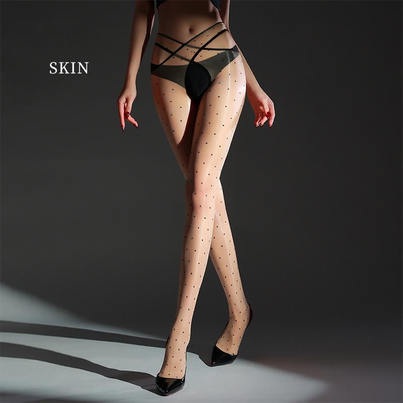 Open Crotch Dot Thigh High Stockings Sex Lingerie Pole Dance Clubwear Women Oil Glossy Transparent Underwear Pantyhose