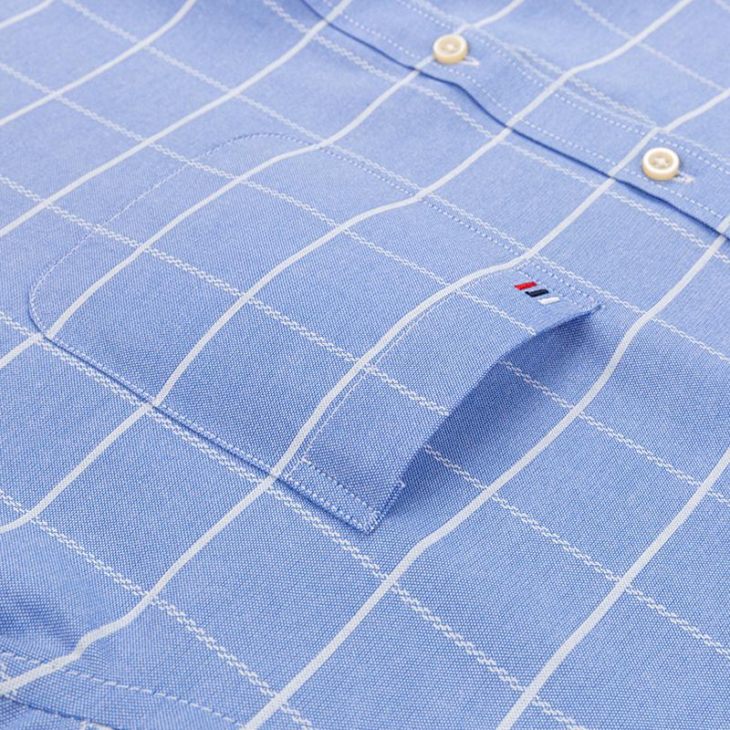 Herren Oxford Langarm Square Kragen Einfarbig Kariert Gestreift Sommer Freizeithemden Einzelne Tasche Hemd