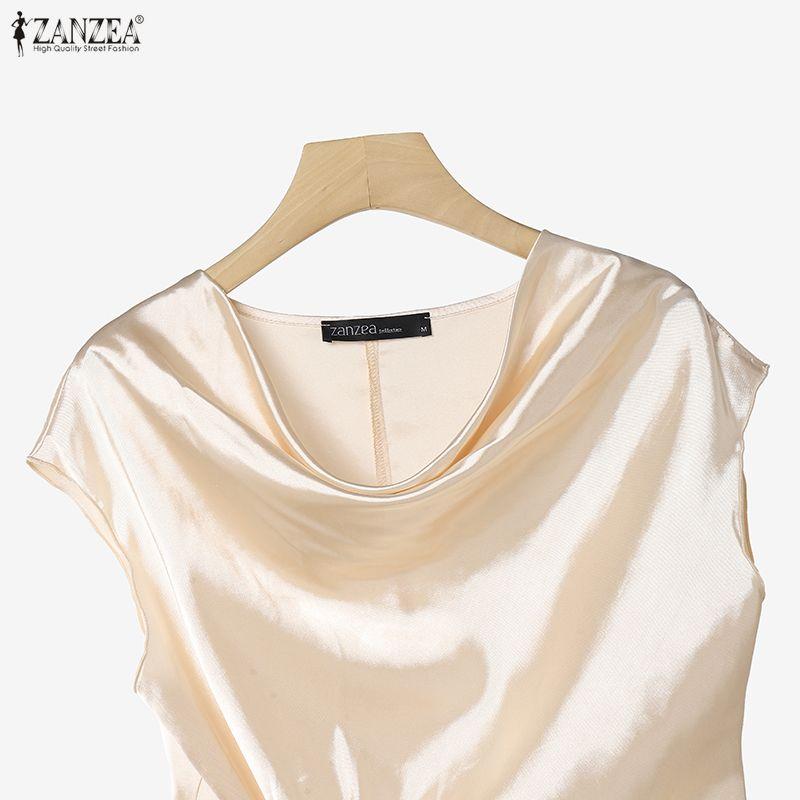 ZANZEA Women Elegant Round Neck Lace-Up Casual Short Sleeve Blouse