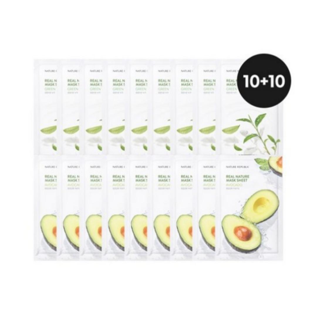 

[NATURE REPUBLIC] 10+10 Real Nature Mask Pack Set — Green Tea (1.15 ml × 10) + Avocado (2.3 ml × 10)