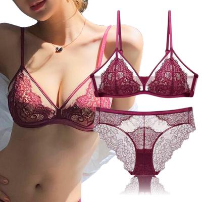 Súprava podprsenky a nohavičiek pre sexi súpravu spodnej bielizne [Jolie's room] dámska, bez kostíc, celá čipkovaná, push-up podprsenka, (Bordeaux, XL)