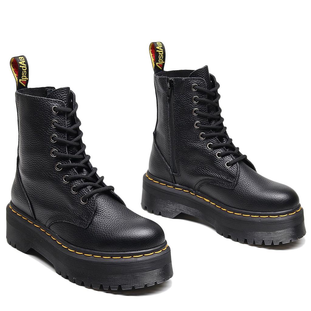 Top layer thick bottom hole Martin boots women's side zipper lychee pattern short boots leather muffin bottom tooling