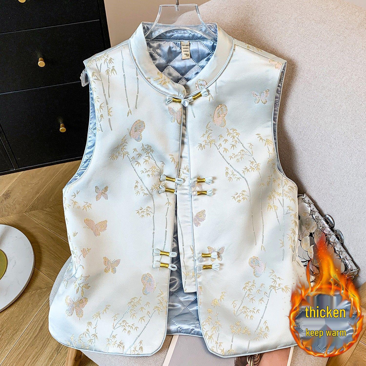 

Embroidered Gold Thread Jacquard Vest - Chinese Style Spring Collection 4XL (140-160 lbs) синій
