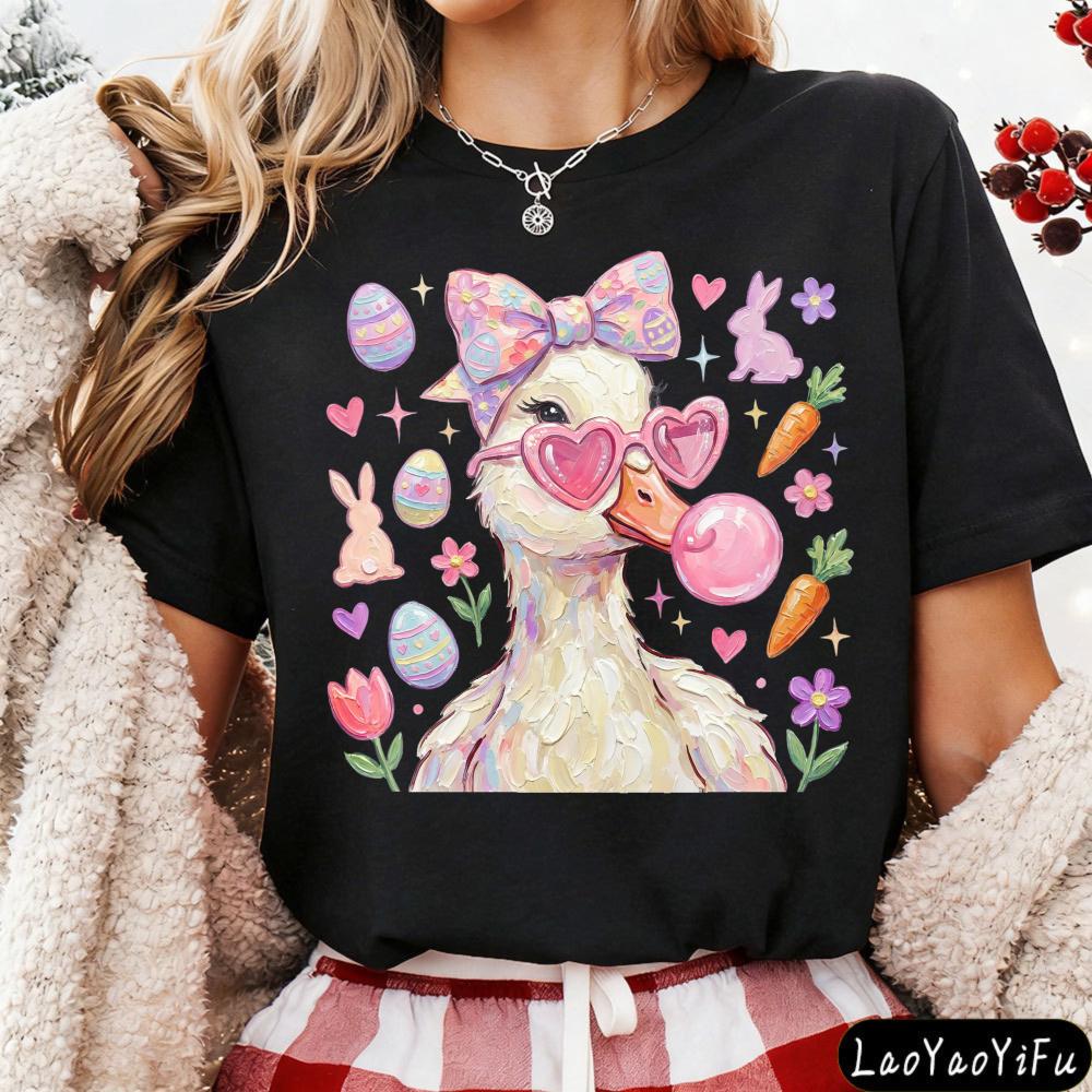 

Easter Themed Duck Print T-shirt Cute Cartoon Animal Graphic Tops Women Casual Short Sleeve Crew Neck Holiday Tees 5XL