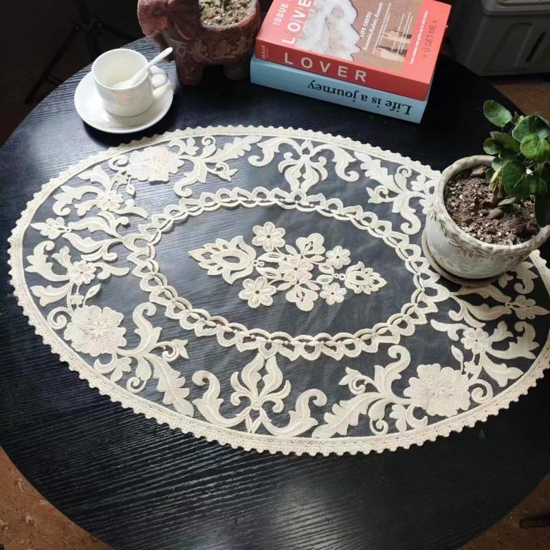 Chinese Classic Oval Embroidered Small Round Tablecloth Kitchen Coffee Bar Tea Set Fruit Tray Table Mat Wedding Party Decoration