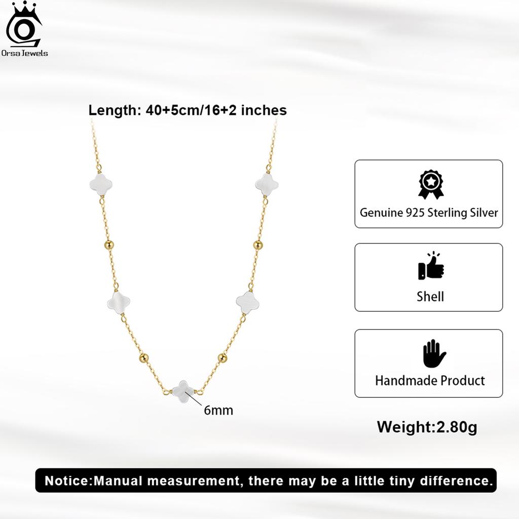 ORSA JEWELS 925 Sterling Silver Four Leaf Clover Choker Necklace With White Shell Ornament Neck Chain Jewelry Casual Wear GMN58
