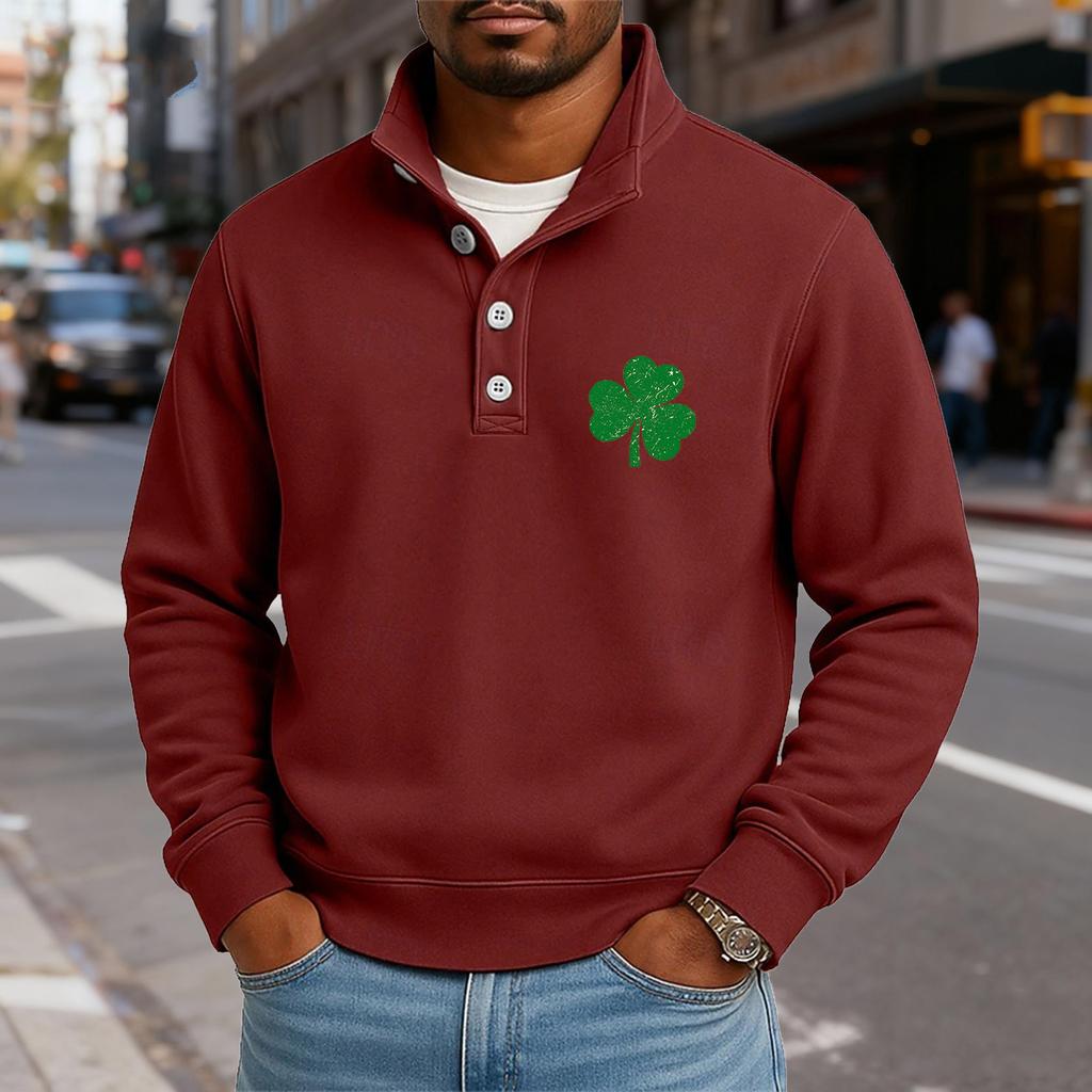 Men's Casual Stand-Up Collar Long-Sleeve Top Print Button-Down Sweatshirt