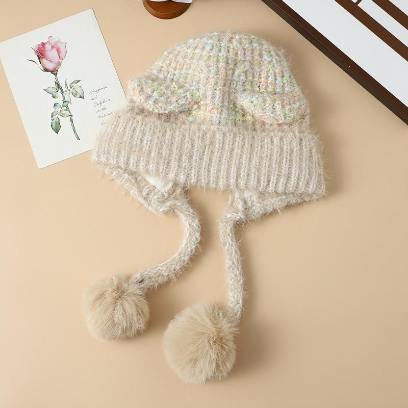 Korean Cute Colorful Bear Ear Wool Ball Cap Autumn and Winter Casual Cold Warm Hat Showing Face Small Knitted Wool Cap