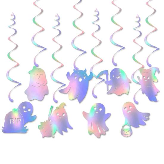 8 Pcs Iridescent Ghost Hanging Swirls Cute Shinny Foil Ghost Swirls Halloween Ceiling Streamer for Halloween Party Decoration