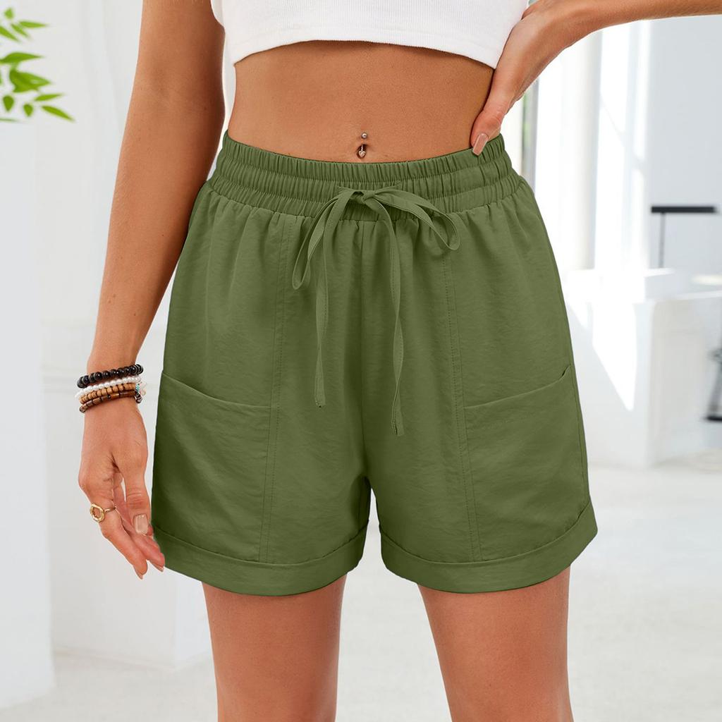 Women's Casual Fashion -Color Elastic Waistband Pocketed Wide-Leg Straight-Cut Shorts