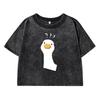 Cartoon Duck Print With Question Mark Printing Women Washed Short T Shirt Breathable Street Fashion Casual Distress Top