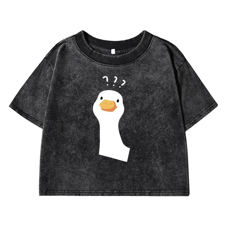 Cartoon Duck Print With Question Mark Printing Women Washed Short T Shirt Breathable Street Fashion Casual Distress Top