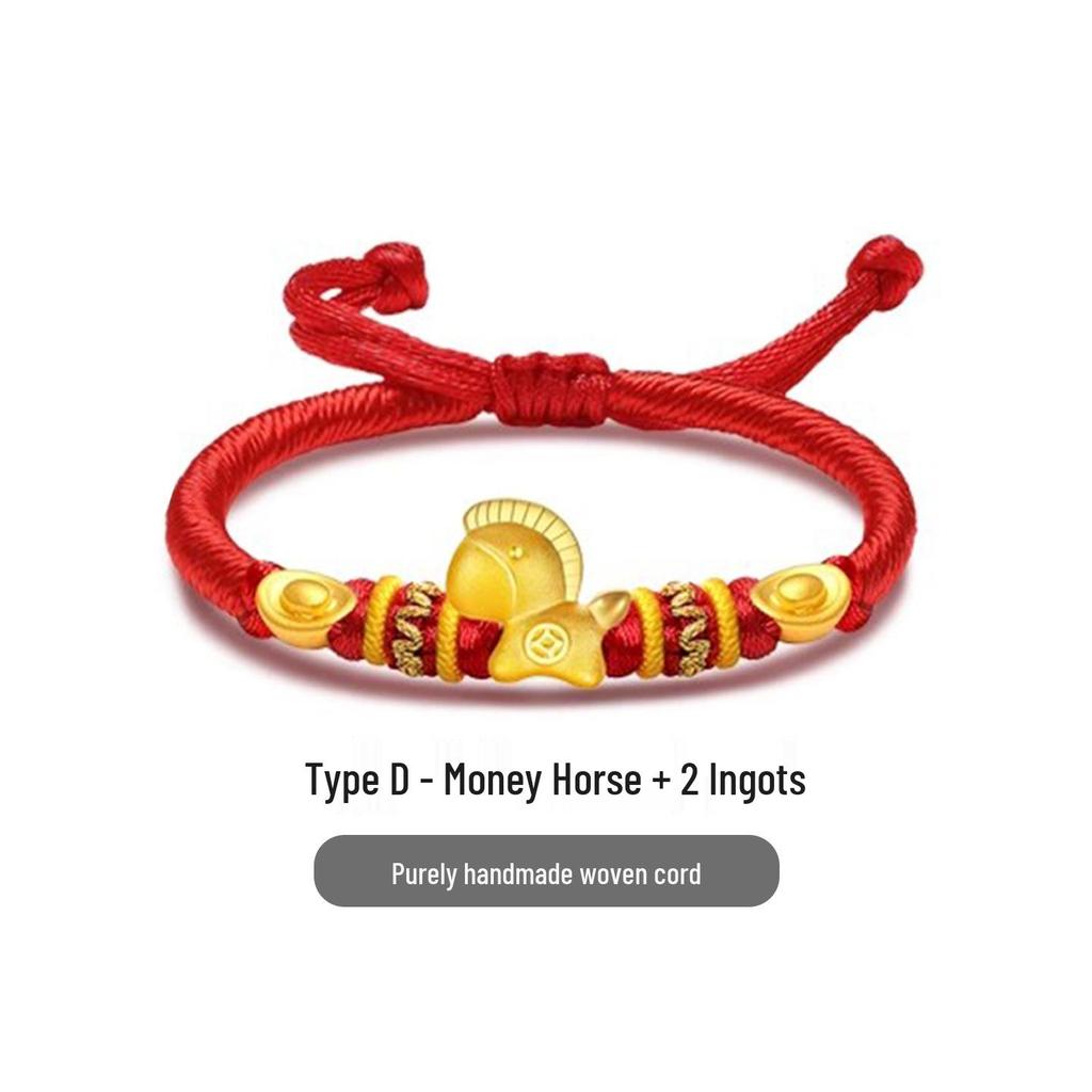Gold 999 Zodiac Horse Charm Bracelet with Red Rope - Birth Year Gift for Girlfriend