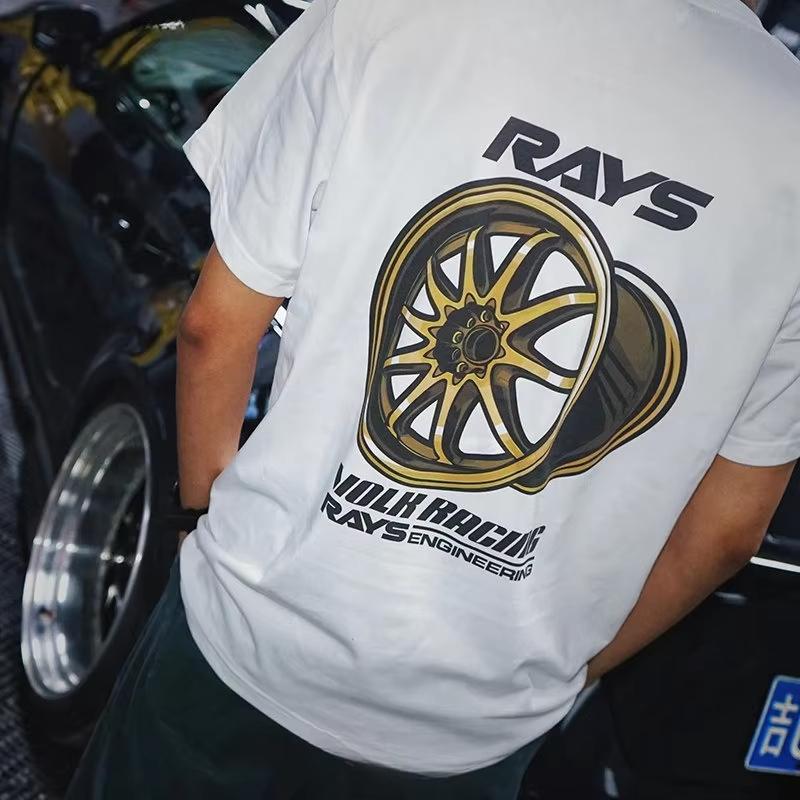 Japanese Modified Car RAYS Wheel Hub Pattern Printed Summer Cotton Shortsleeved Tshirt for Both Men and Women Fashion 2026