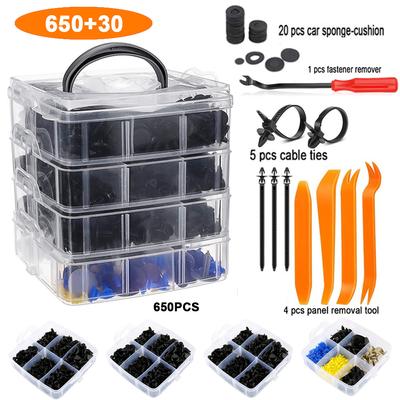 Ensemble de 680 pièces d'attaches en plastique pour voiture avec boîte Assortiment d'attaches à poussoir pour carrosserie automobile Rivet Goupille de retenue Pare-chocs Panneau de garniture de porte Kit d'attaches
