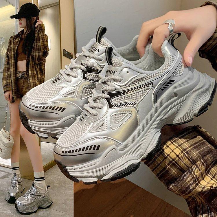 Fleece Dad Shoes Women's 2025 Autumn and Winter New Sports Explosion Versatile Thick-soled Heightening Casual Women's Cotton Shoes Sports Shoes