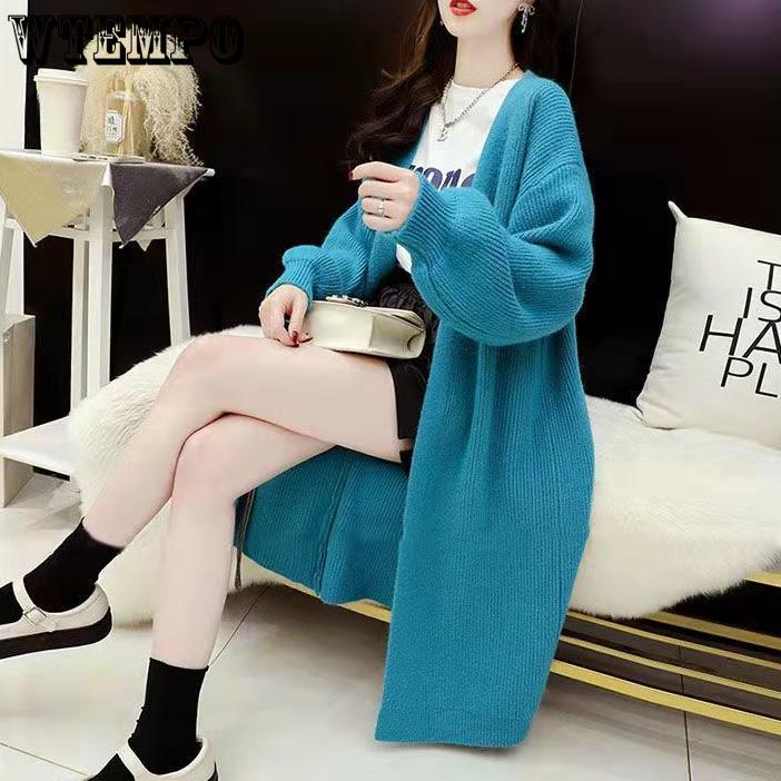 Mid-length Cardigan Sweater for Women's Autumn and Winter Wear Loose Large-sized Cardigan Long-sleeved Solid Color Knitted Coat