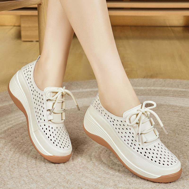 Summer Hollow Rocking Shoes In Mother Soft Surface Small Leather Shoes Non-slip Soft Sole Wedge Heel Mesh Shoes