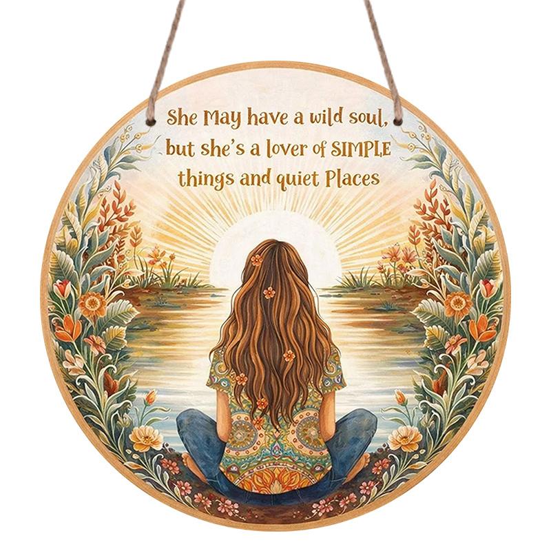 2D Flat, 1pc Round Aluminum Sign | Bohemian Women And Nature Vintage Plaque With Inspirational Quote "She May Have A Wild Soul, But She Loves Easy