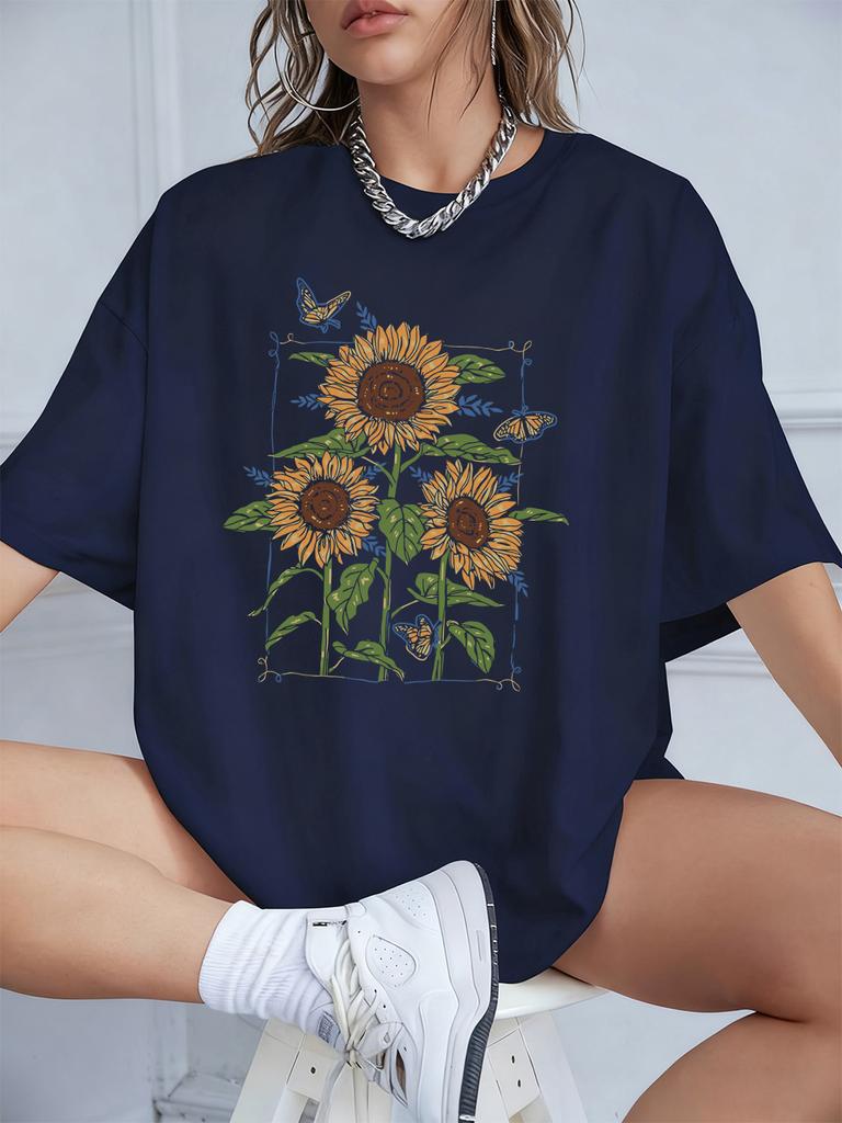 Sunflower Oil Printing Prints TShirts Womens Summer Cotton Short Sleeve T Shirt Loose ONeck Comfortable Tops Casual Clothes