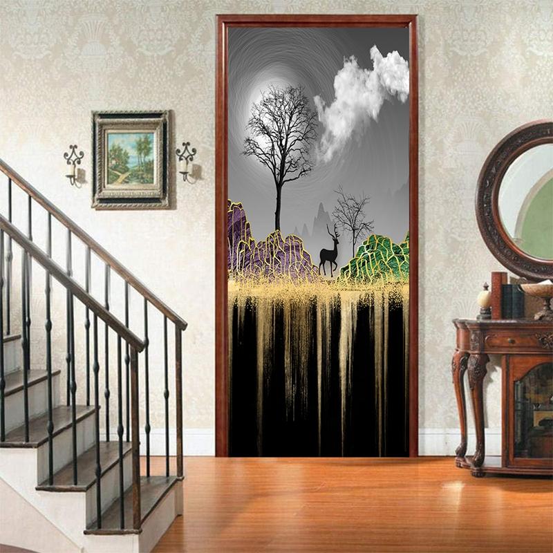 Landscape Door Decoration Stickers Sunset Simple Abstract Lines Bamboo Fridge Wallpaper For Living Room Home Decor Bedroom Art Decals