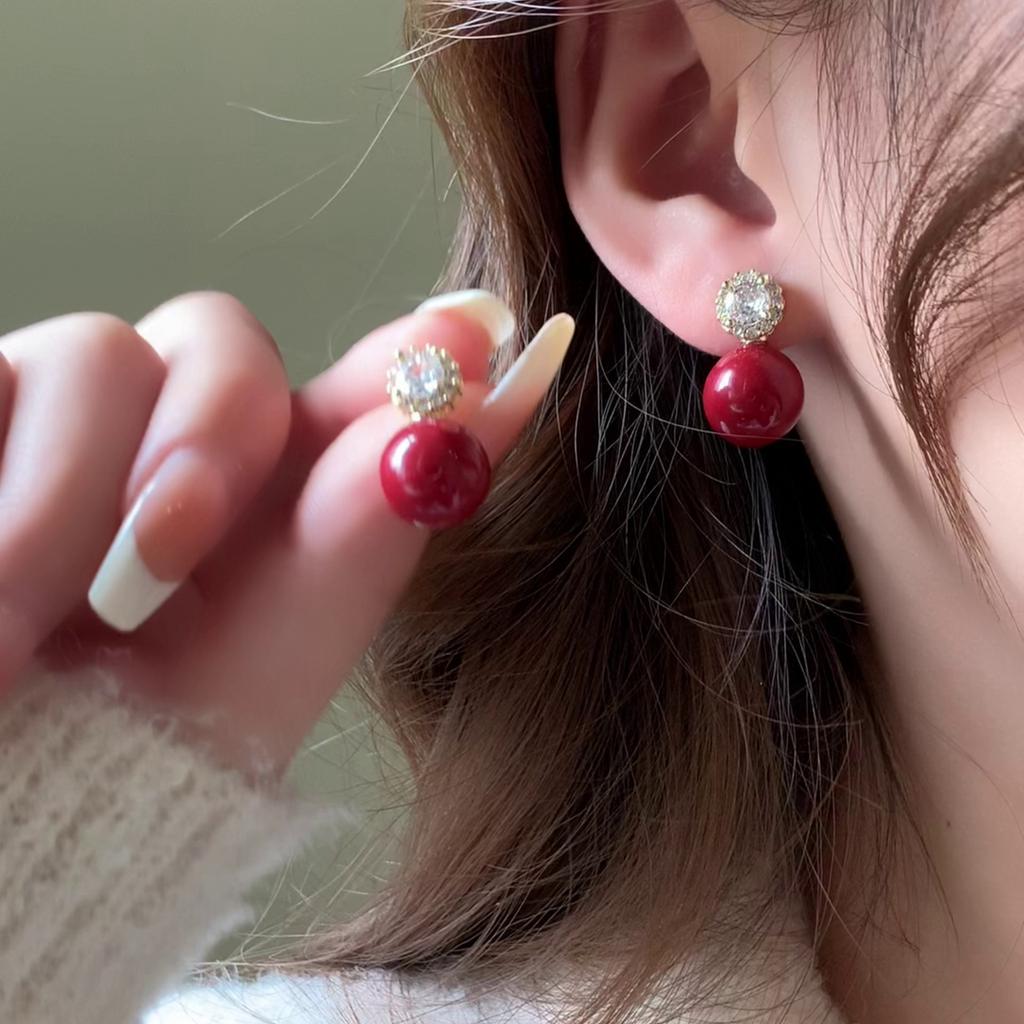 Silver Needle Zircon Flower Pearl Earrings New Year's Light Luxury High-end Stud Earrings Retro Temperament Red Earrings Women