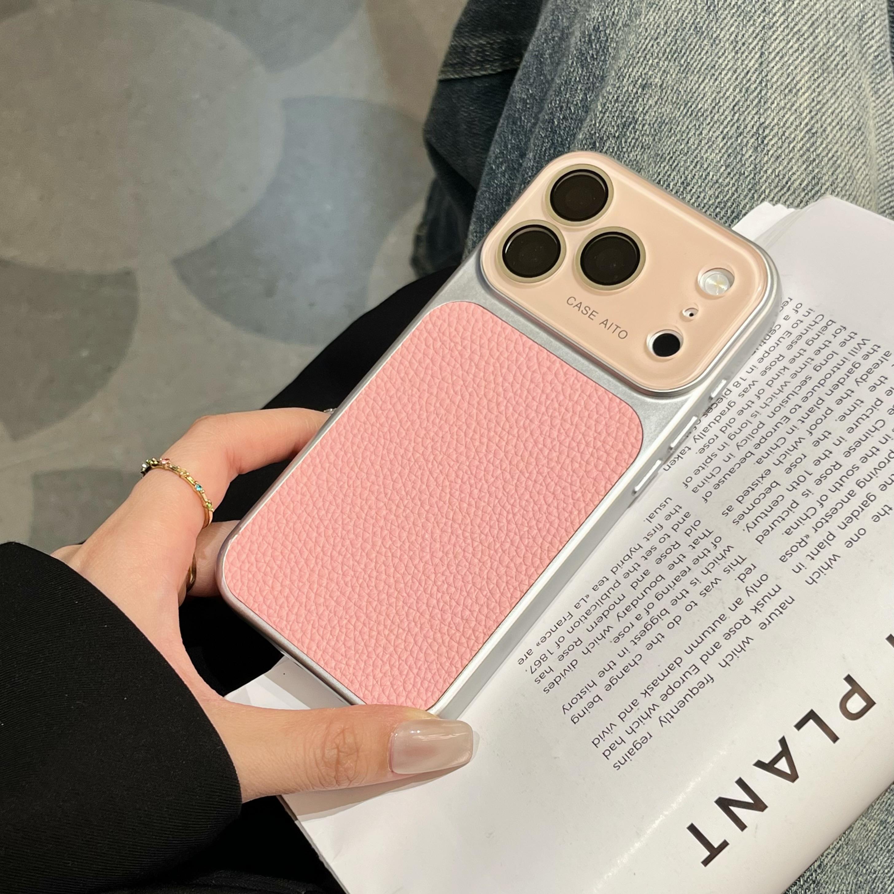 

Lychee Solid Leather Color Case for iPhone 17 16 15 14 13 Pro Max Matte Shockproof Hybrid Glass Camera Protection Cover iPhone 13