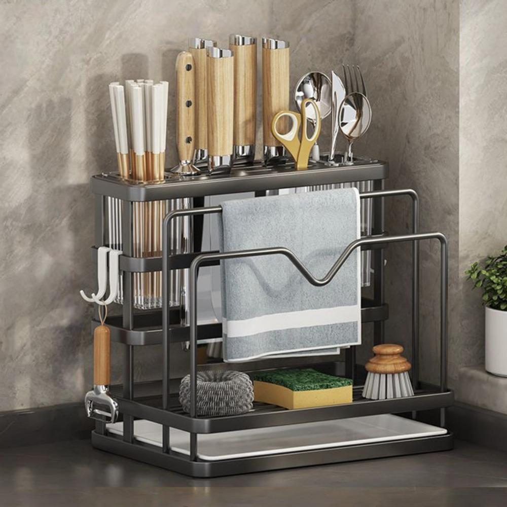 Carbon Steel Kitchen Countertop Organizer With Drainage Tray WIth Chopstick Cage Kitchen Stand Holder Wall Mounted/Countertop