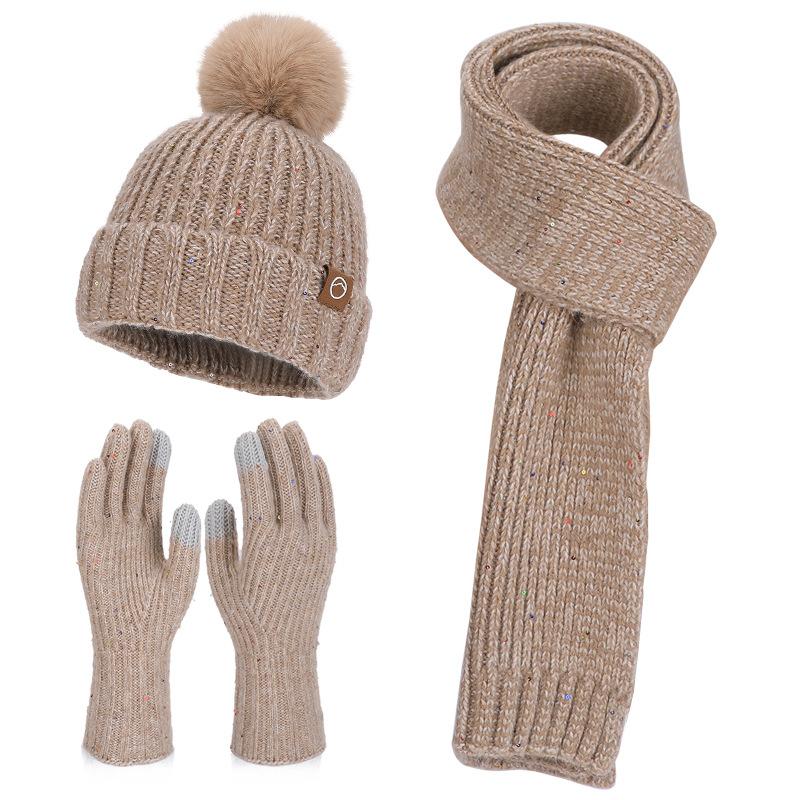 Winter Velvet Ear Protector Pullover Hat Women's Cold Protection and Warmth Knitted Wool Hat Wool Hat Scarf Gloves Three-piece Set