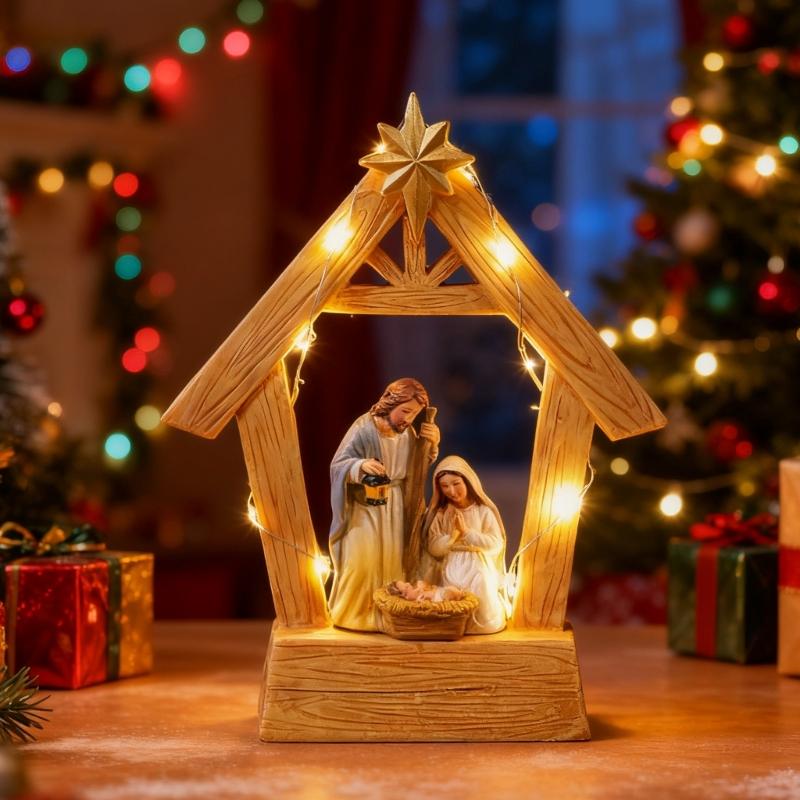 Warm LED Illuminating Nativity Scene Ornament Resin Craft Holy Family Figurine Statue Festive Christmas Display Piece